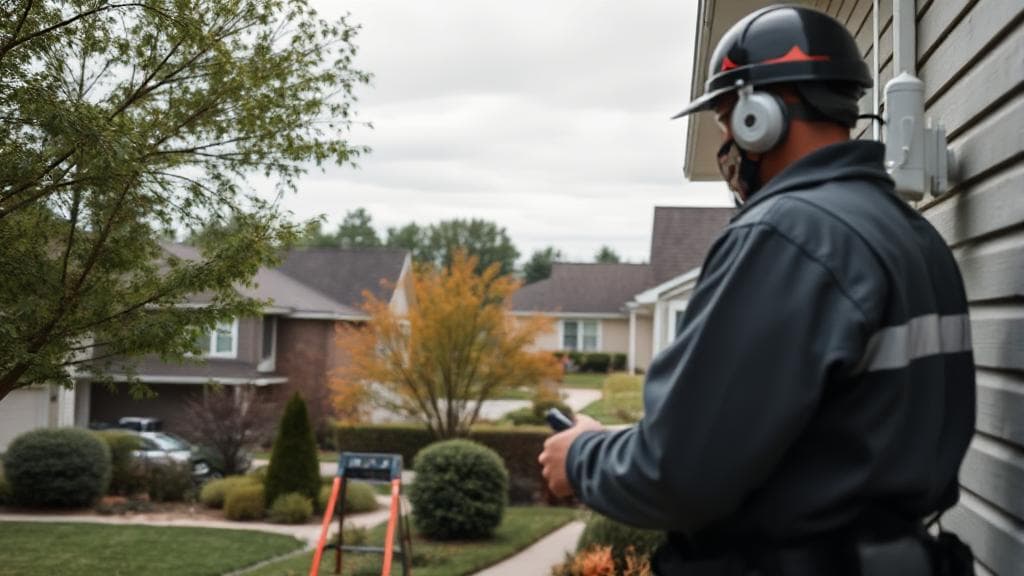 A high-resolution image of a suburban neighborhood with a focus on a Verizon technician installing internet equipment on a house.