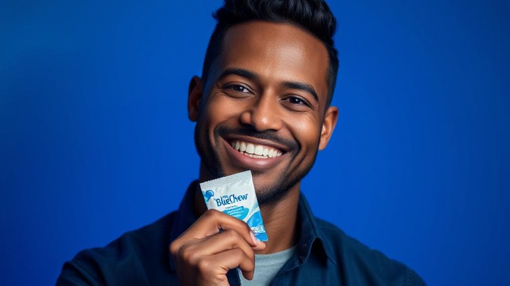 A vibrant image of a confident man smiling, holding a discreet BlueChew packet against a backdrop of subtle blue hues.