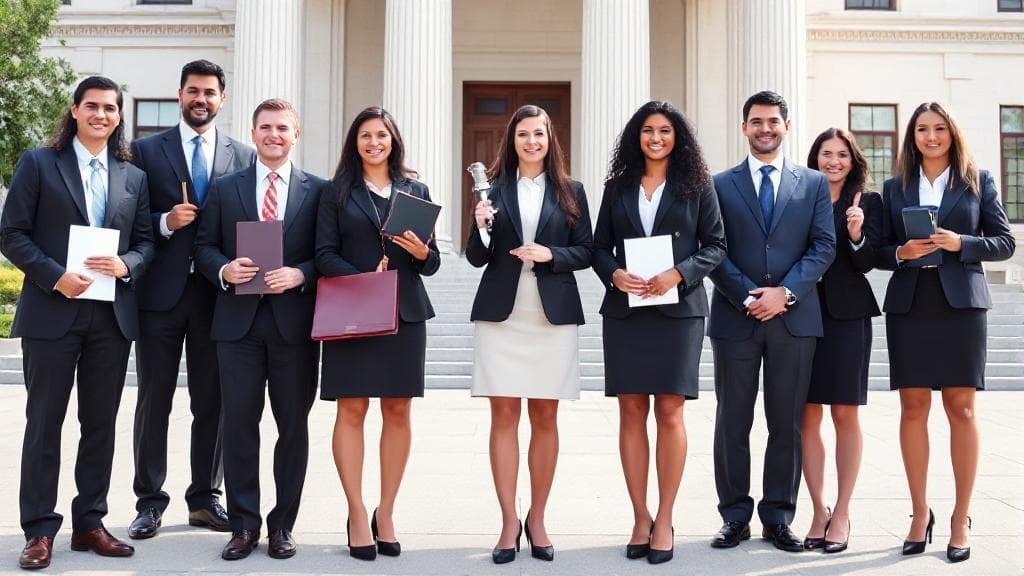 A diverse group of lawyers in professional attire, each holding symbols representing their legal specializations, standing confidently in front of a courthouse.