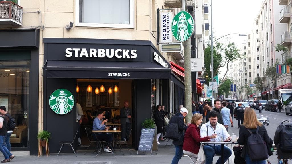 A bustling street scene in Tel Aviv featuring a Starbucks storefront with people enjoying coffee outside.