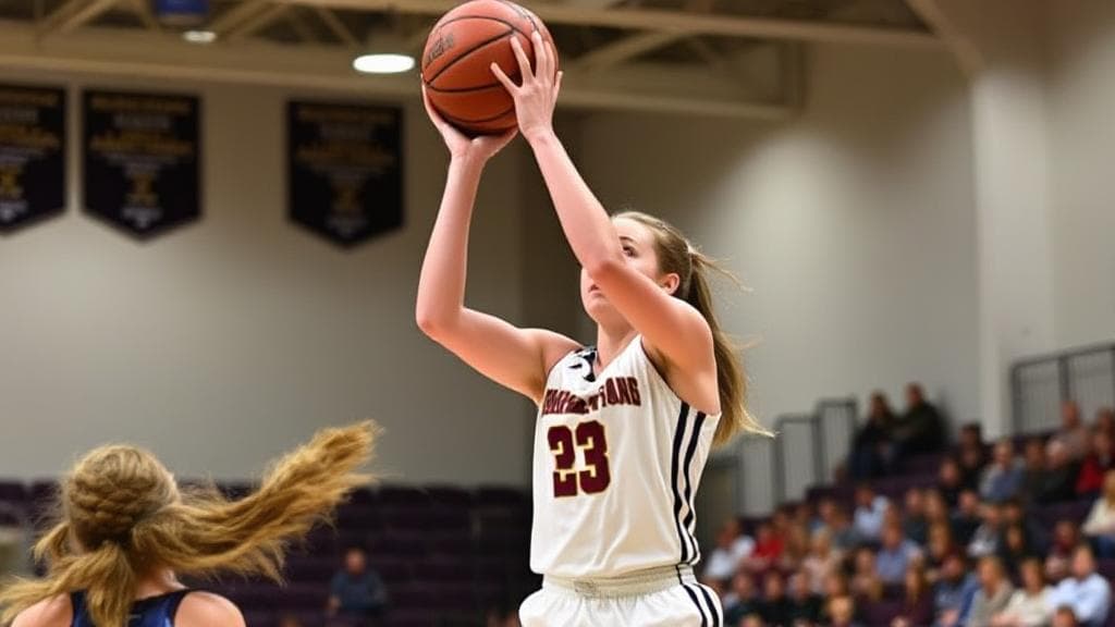 A dynamic action shot of Caitlin Clark making a three-point shot during a basketball game, capturing her focus and athleticism.