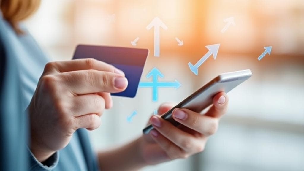A person holding a credit card and a smartphone, with a digital illustration of arrows symbolizing the transfer process in the background.