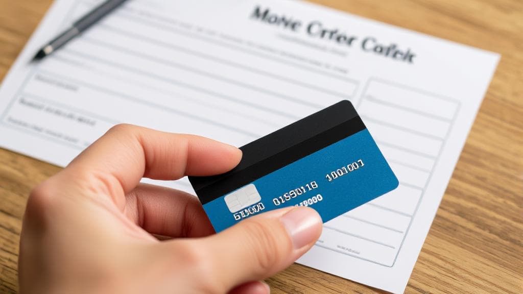 A close-up image of a hand holding a credit card next to a money order form on a wooden table.