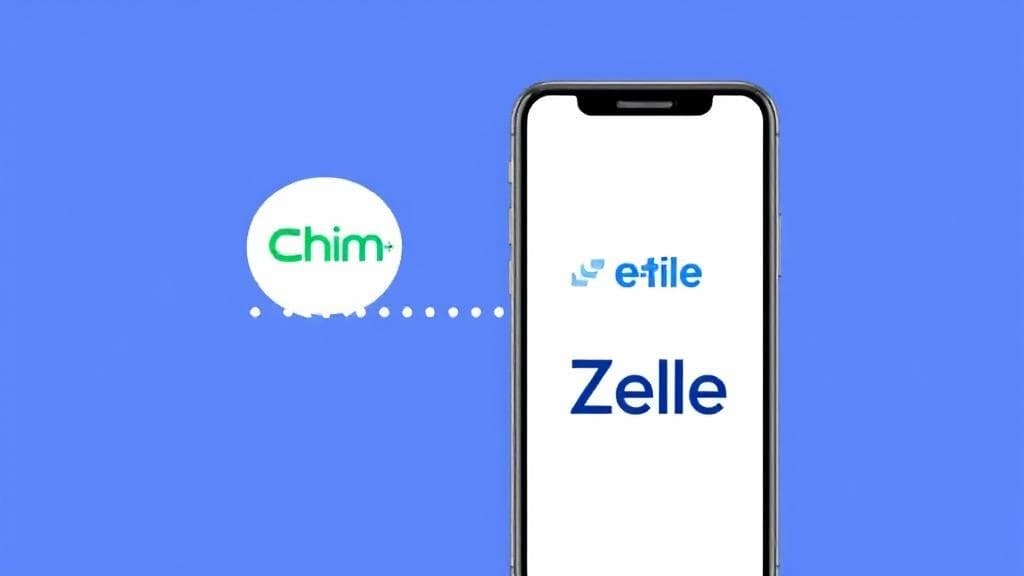A digital illustration of a smartphone displaying the Chime and Zelle logos, connected by a dotted line symbolizing money transfer.