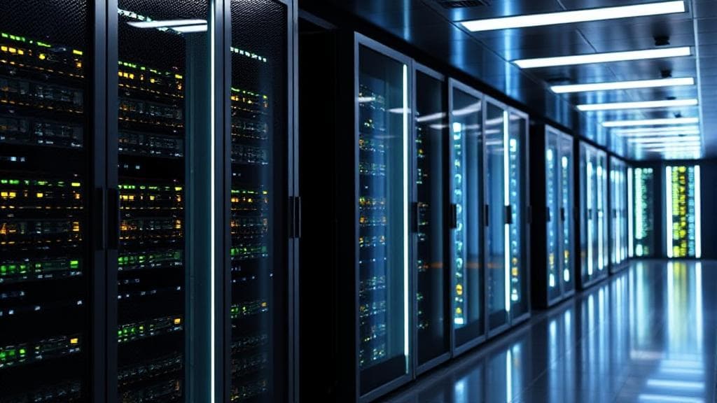 A sleek, modern server room with rows of illuminated server racks, symbolizing the central role of servers in computing infrastructure.
