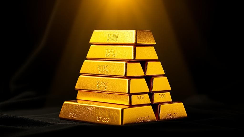 A gleaming stack of gold bars set against a dark, luxurious background, symbolizing wealth and investment.