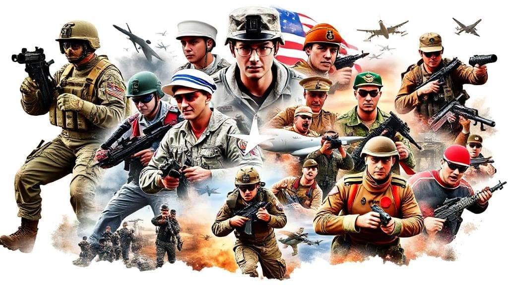 A dynamic collage of soldiers, sailors, airmen, and marines in action, representing the diverse branches of the military.