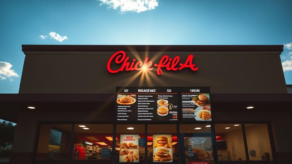 A sunrise-lit Chick-fil-A restaurant with a focus on a breakfast menu board displaying popular morning items.