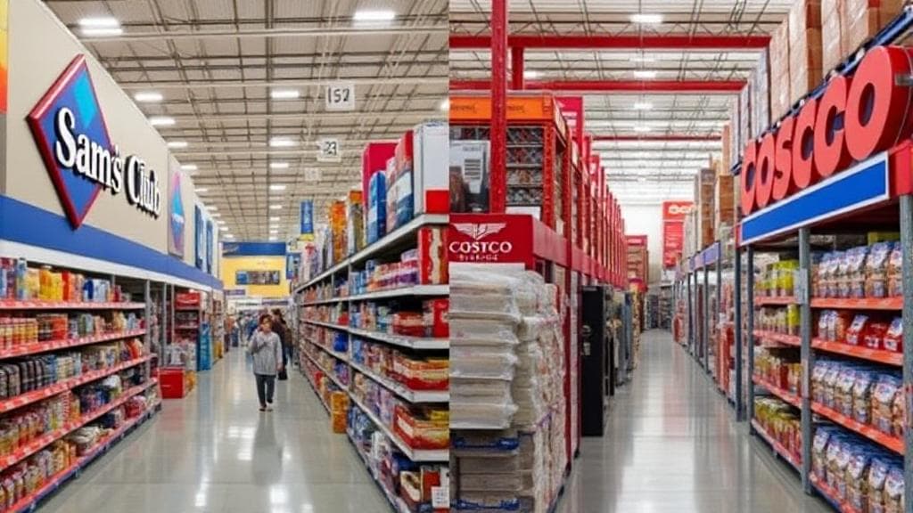 A split image showcasing the bustling aisles of Sam's Club on one side and Costco on the other, highlighting the variety and scale of products available at each wholesale club.