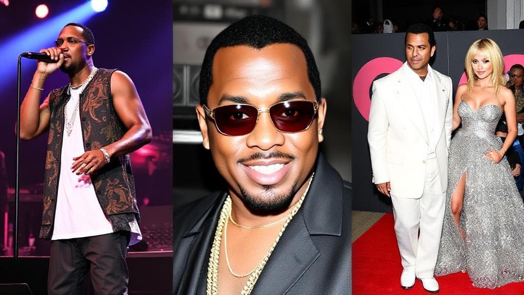 A dynamic collage of P Diddy performing on stage, producing music in a studio, and attending a glamorous red carpet event.