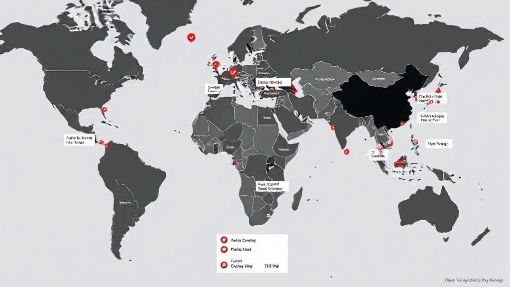 A world map highlighting countries where TikTok is banned, with icons representing the reasons for each ban.