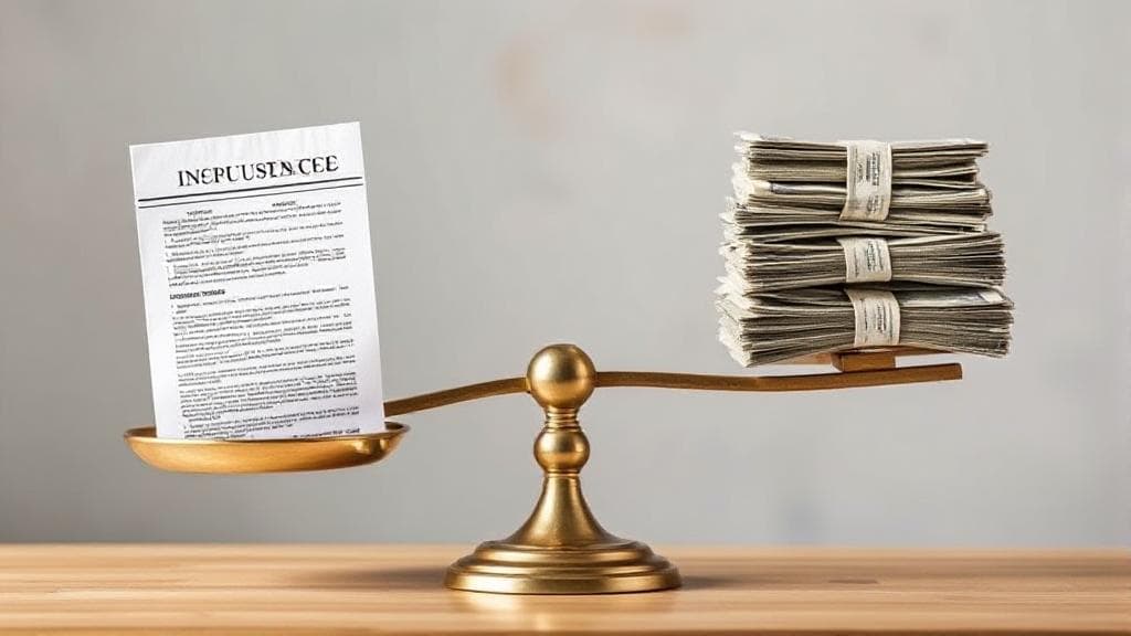 A balanced scale with insurance documents on one side and a stack of money on the other, symbolizing the importance of finding the right liability coverage.