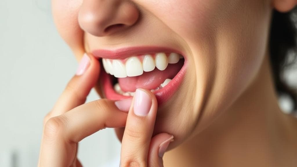 A close-up image of a person gently touching their front teeth, with a concerned expression, highlighting the theme of sudden dental pain.