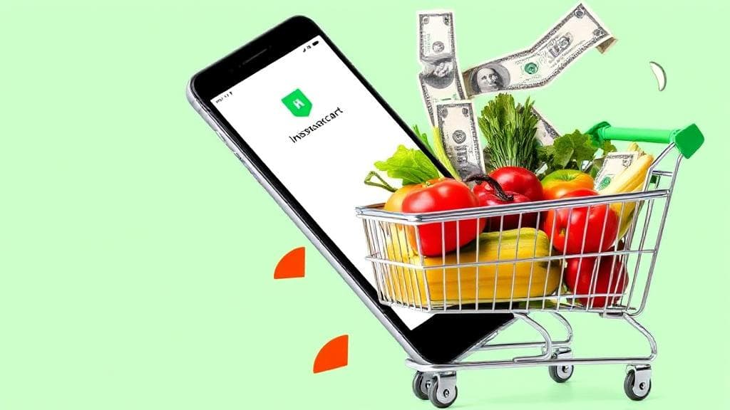 A dynamic collage of a smartphone displaying the Instacart app, a grocery cart filled with fresh produce, and dollar bills symbolizing earnings potential.
