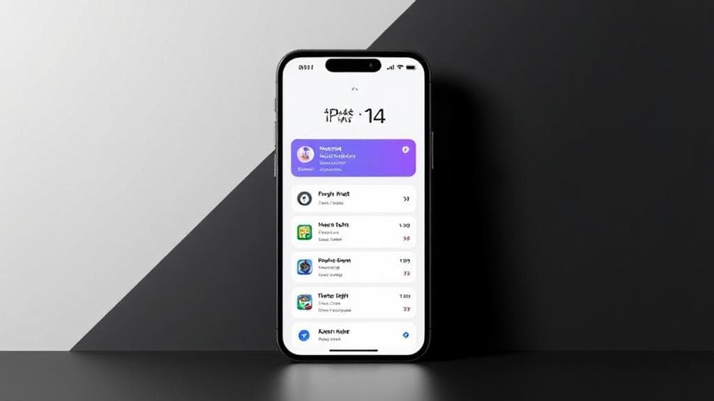 A sleek iPhone 14 displaying multiple eSIM options on its screen against a minimalist background.