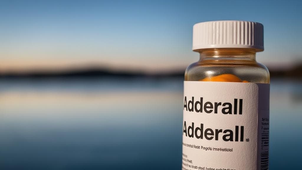 A close-up of a pill bottle labeled "Adderall" with a blurred background of a calm, serene landscape.