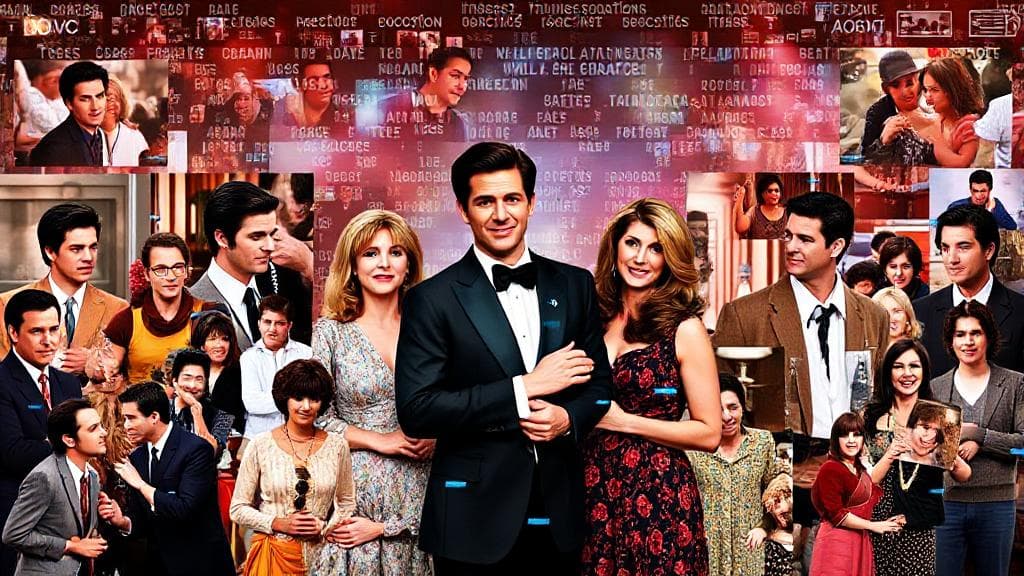 A vibrant collage of iconic scenes and characters from "Will & Grace" set against a digital streaming interface backdrop.