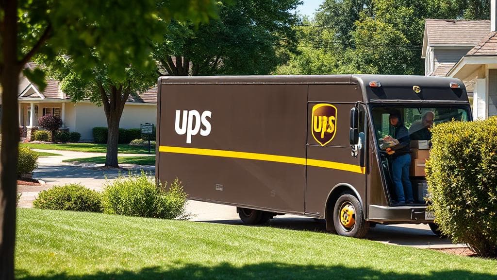 A UPS delivery truck parked in a suburban neighborhood on a sunny weekend day, with a driver carrying packages to a doorstep.