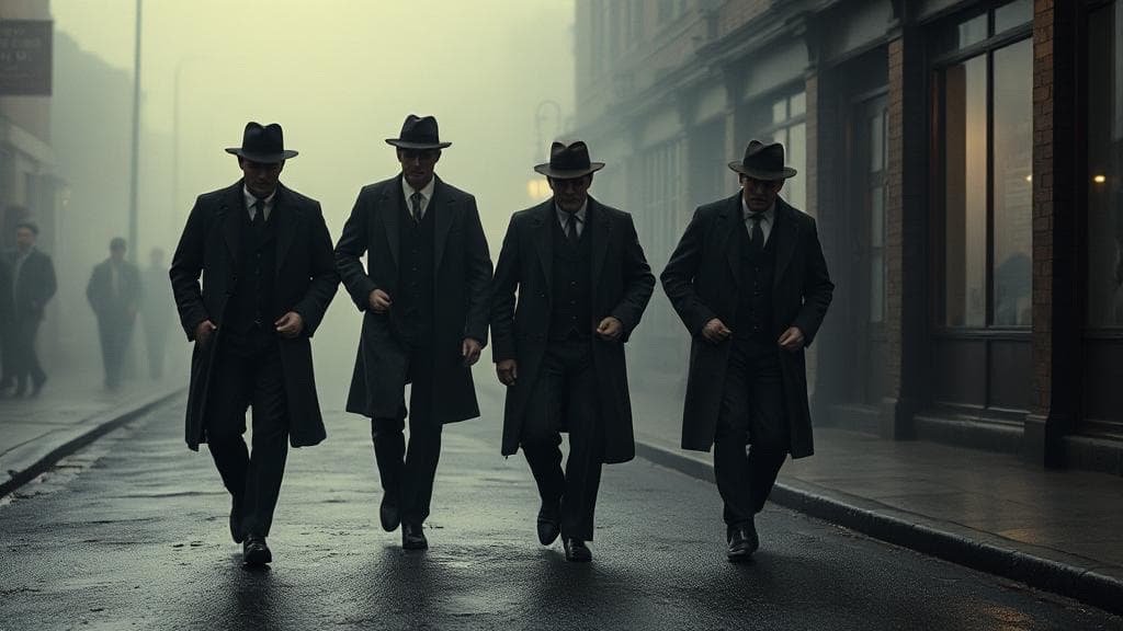 A gritty, atmospheric shot of the Peaky Blinders gang walking through the foggy streets of 1920s Birmingham.