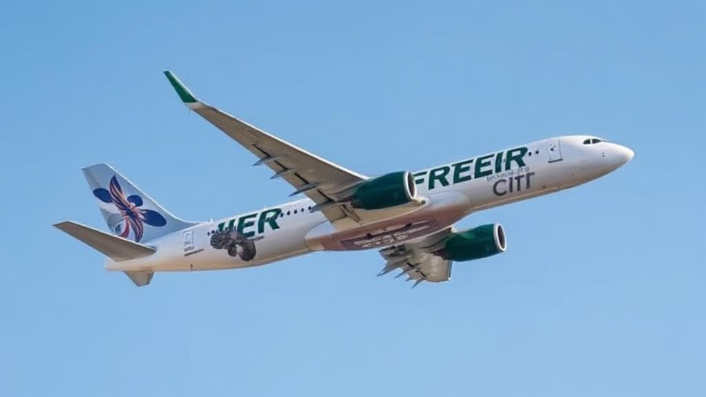 A Frontier Airlines plane cruising through a clear blue sky, symbolizing the quest for in-flight connectivity.