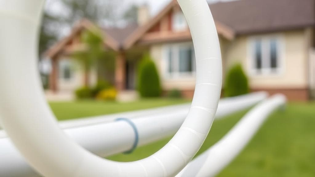 A close-up image of polybutylene pipes with a house in the background, symbolizing the focus on plumbing in home buying decisions.