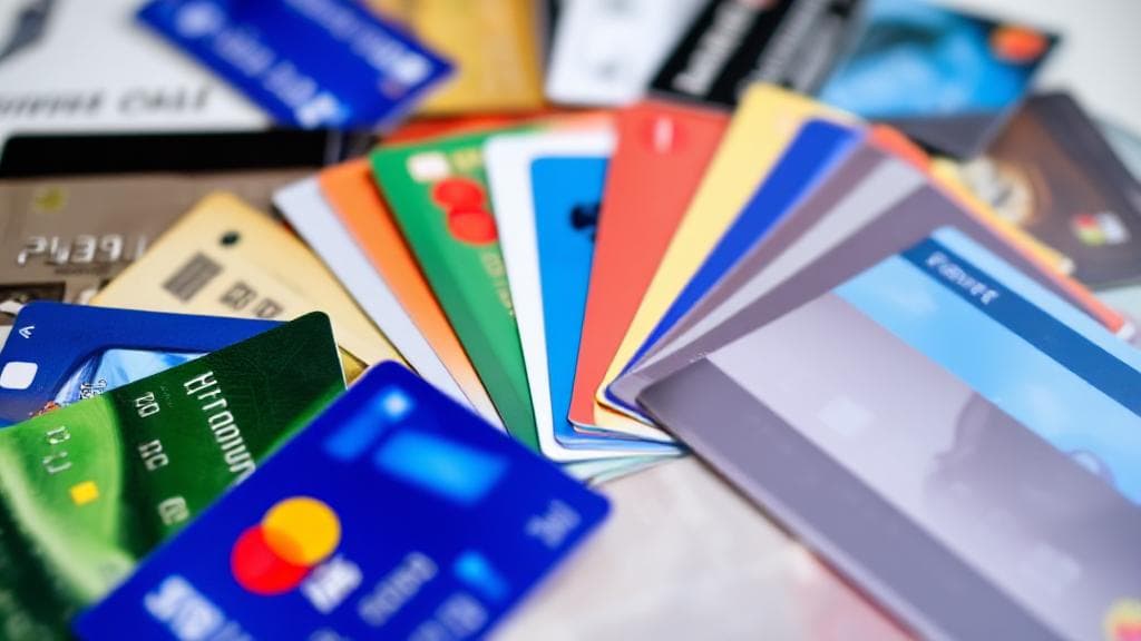 A diverse array of credit cards fanned out on a table, symbolizing the variety of options available for potential approval.