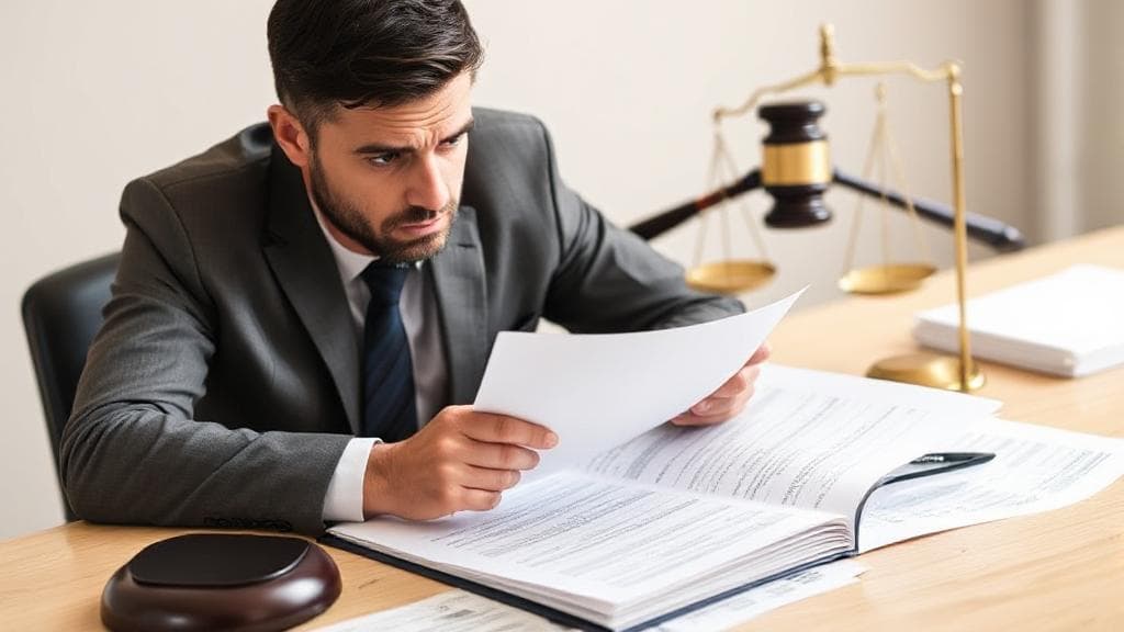 A concerned individual reviewing financial documents at a desk, with a gavel and scales of justice in the background, symbolizing the decision to seek legal assistance for debt settlement.