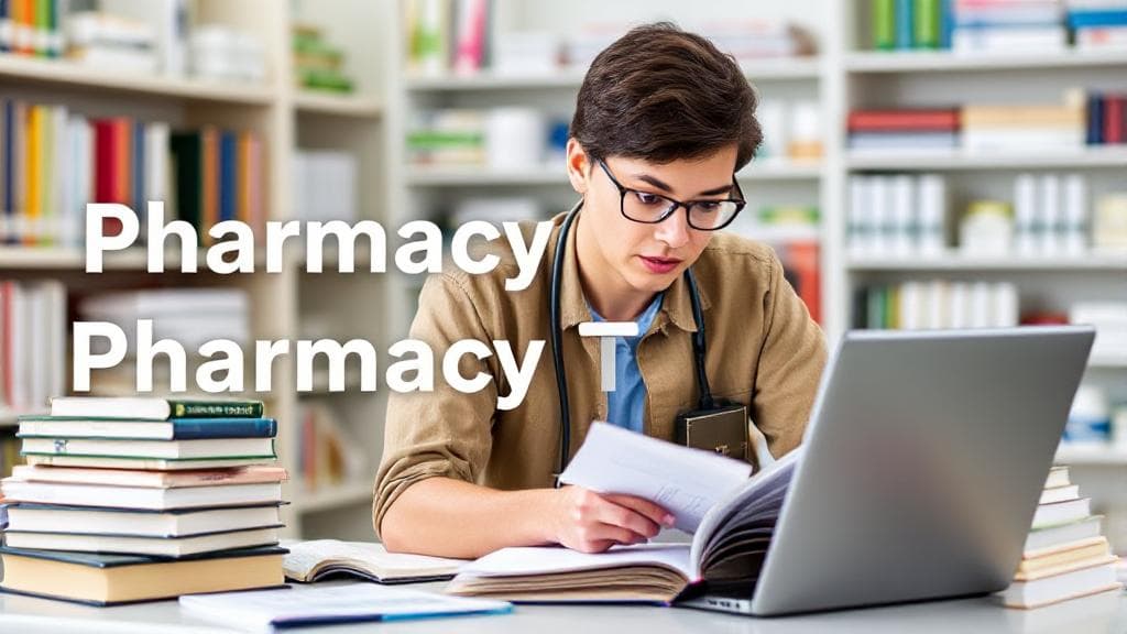 A focused student diligently studies pharmacy materials, surrounded by textbooks and a laptop, symbolizing the journey to becoming a pharmacy technician.