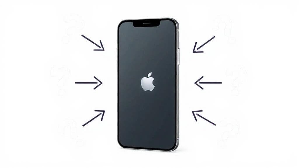 A sleek, modern iPhone surrounded by question marks and arrows pointing to various features, symbolizing the decision-making process of upgrading.