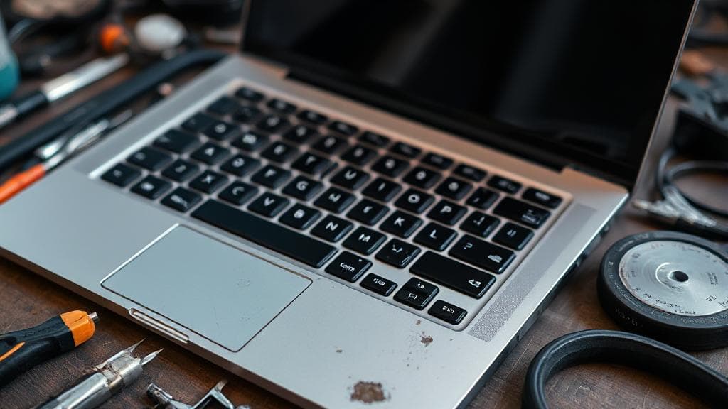 A close-up shot of a well-used laptop with visible wear, surrounded by tools and accessories for maintenance and care.
