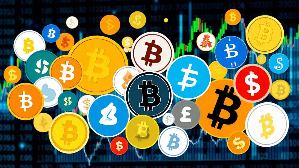 A dynamic collage of various cryptocurrency symbols and fluctuating market graphs set against a digital background.