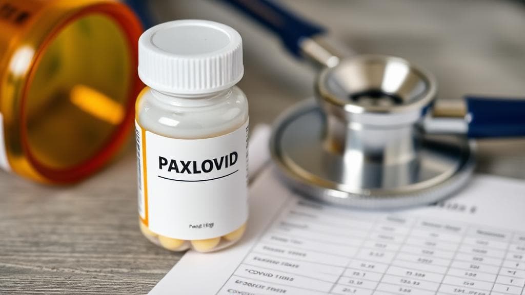 A close-up image of a Paxlovid pill bottle alongside a stethoscope and a medical chart displaying COVID-19 data.