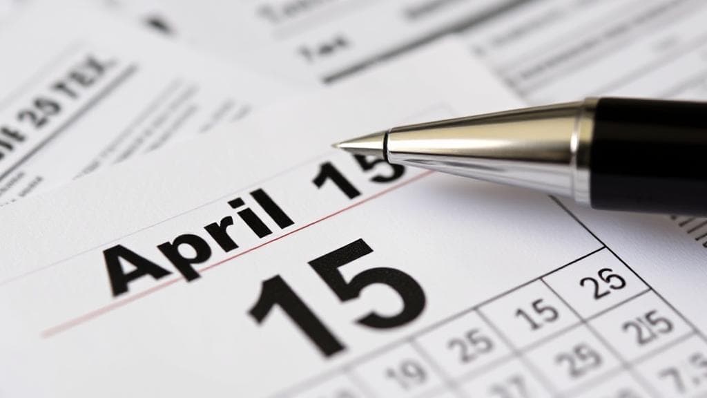 A close-up of a calendar page highlighting April 15th with a pen and tax forms in the background.
