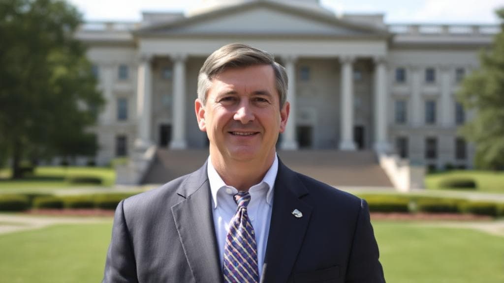 A professional portrait of Indiana Governor Eric Holcomb standing in front of the Indiana State Capitol building.