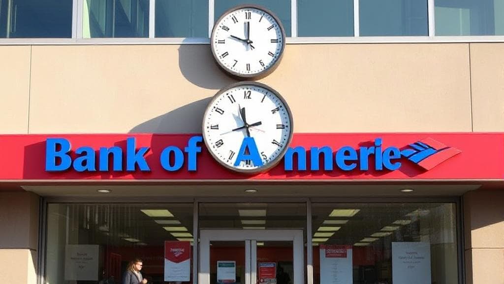 A bustling Bank of America branch with a prominent clock displaying the current time, symbolizing its operating hours.