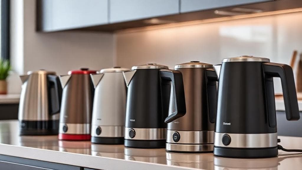 A sleek lineup of modern electric kettles in various styles and colors displayed on a contemporary kitchen countertop.