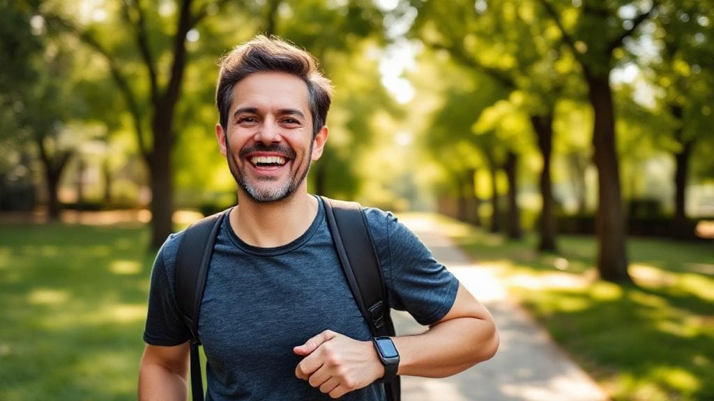 A cheerful person walking outdoors in a park, surrounded by greenery, with a fitness tracker on their wrist and sunlight streaming through the trees.