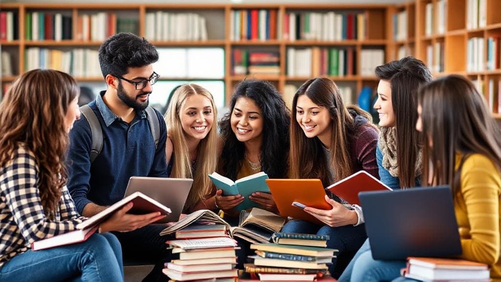 A diverse group of students engaged in a lively discussion, surrounded by books and laptops, symbolizing various fields of study in a modern academic setting.