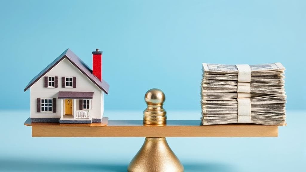 A balanced scale with a house on one side and a stack of money on the other, symbolizing the decision-making process in selling a rental property.