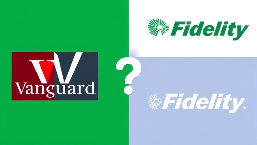 A split image featuring the Vanguard and Fidelity logos on either side, with a question mark in the center, symbolizing the investment choice dilemma.
