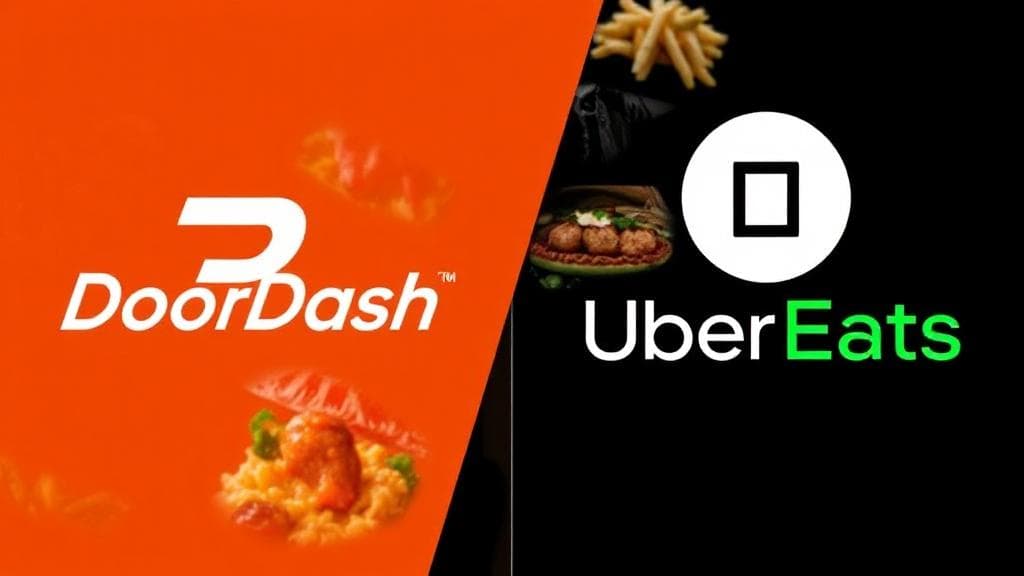 A split-screen image showing the DoorDash and UberEats logos with contrasting backgrounds, featuring a variety of delicious food items being delivered.