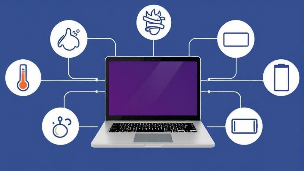 A header image depicting a laptop surrounded by icons representing various factors like temperature, dust, and battery, symbolizing elements that influence its lifespan.
