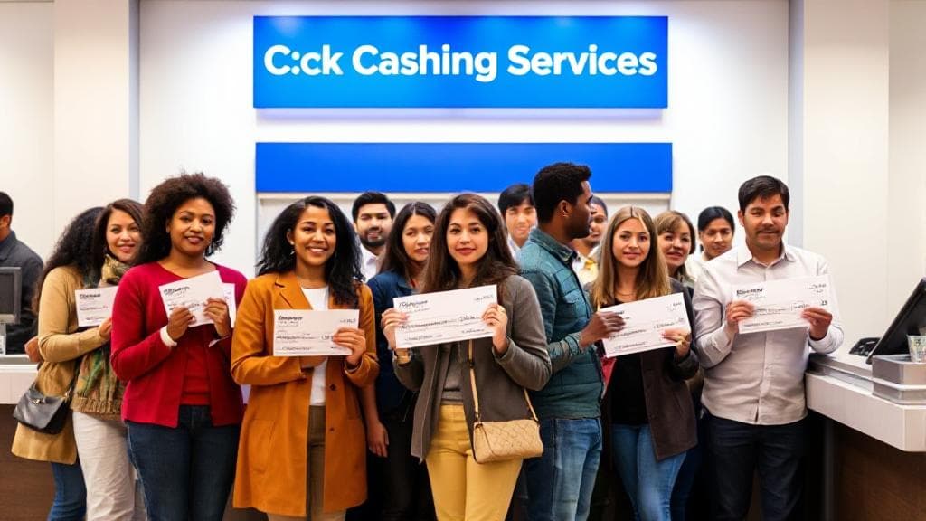 A diverse group of people standing in line at a bank counter, each holding a payroll check, with a sign above reading "Check Cashing Services."