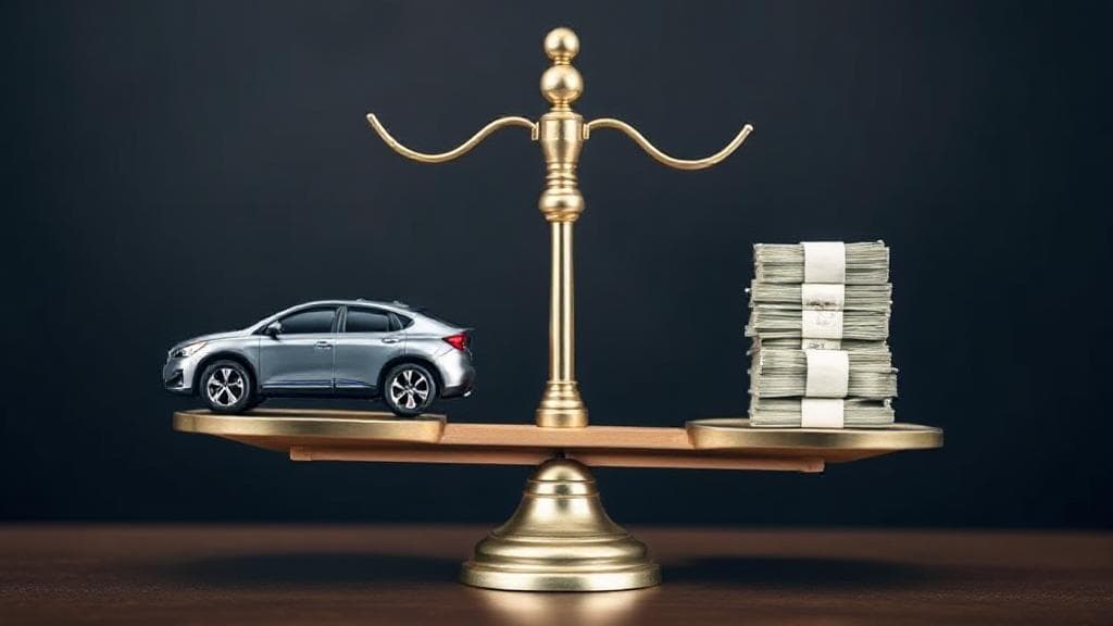 A balanced scale with a car on one side and a stack of money on the other, symbolizing the pros and cons of purchasing a manufacturer buyback vehicle.
