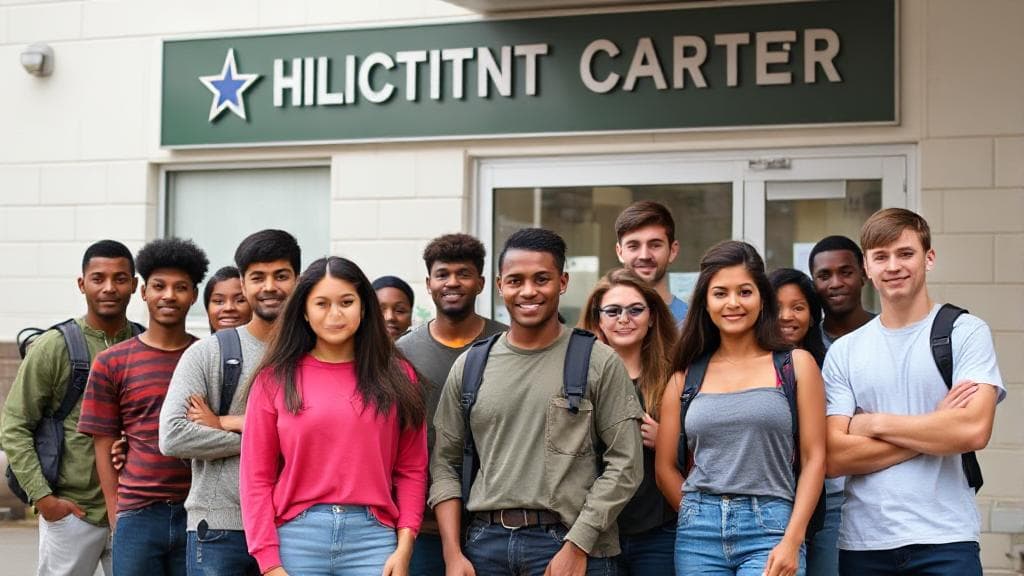 A diverse group of determined young adults standing proudly in front of a military recruitment center.