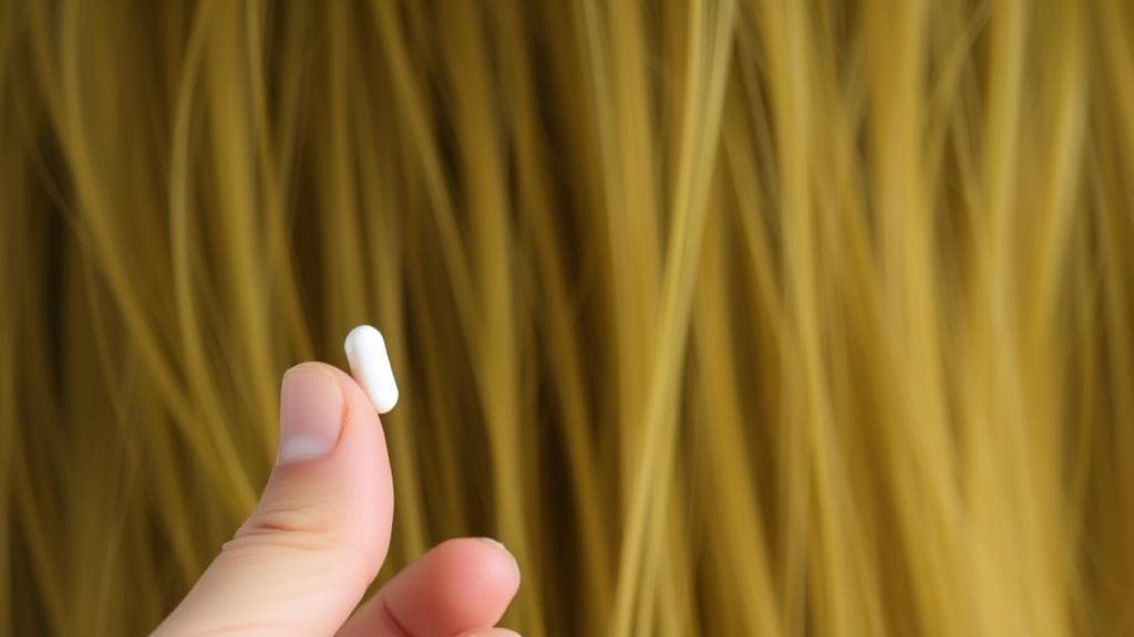 A close-up image of a hand holding a small white pill against a backdrop of lush, healthy hair.