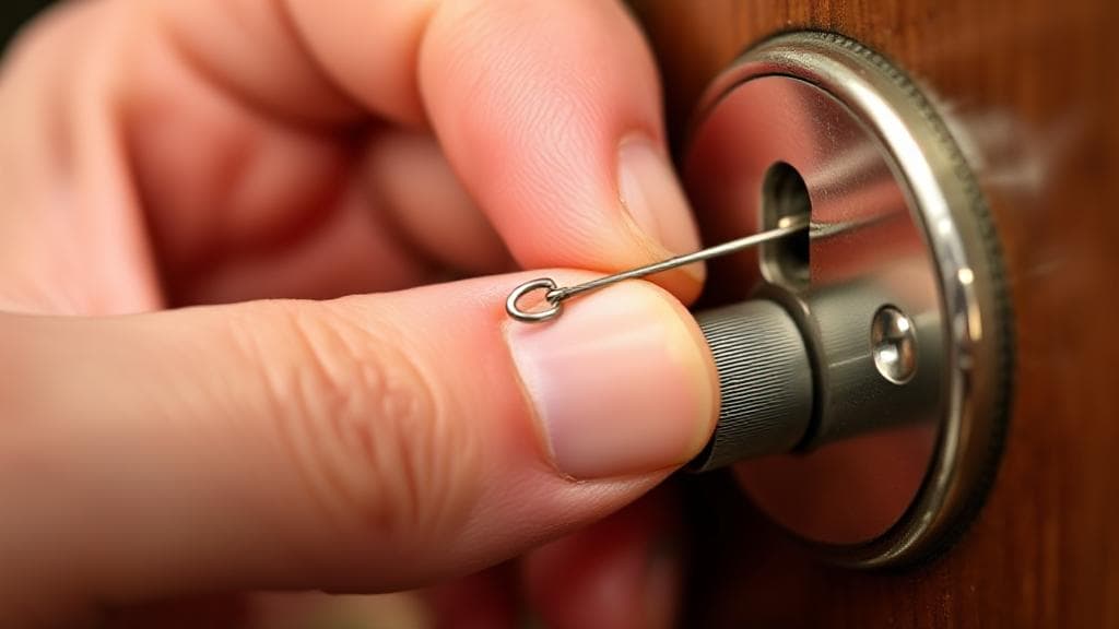 A close-up image of a hand skillfully maneuvering a bobby pin into a lock, illustrating the lock-picking process.