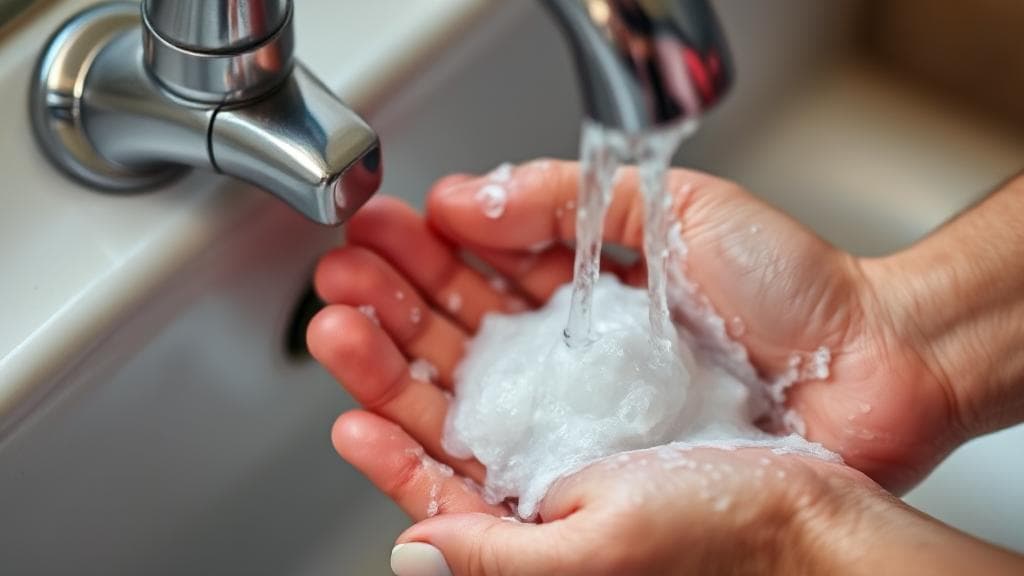 A close-up of hands being thoroughly washed with soap and water under a running faucet, emphasizing cleanliness and hygiene.