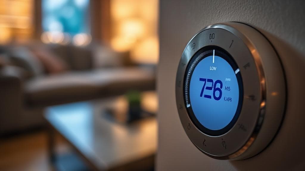 A close-up image of a thermostat displaying a low temperature setting, with a blurred background of a cozy living room.