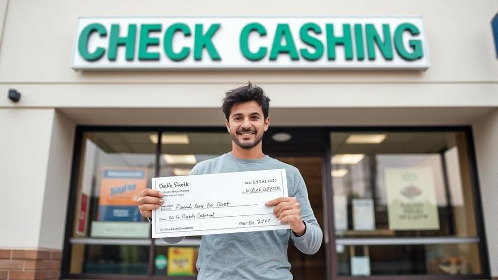 A person confidently holding a check in front of a check-cashing service storefront.